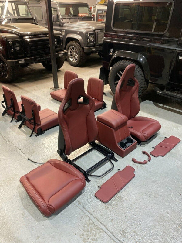 RECAROMUIRINTER - Burgundy Red 6 Seat Leather Interior - Heated Recaro Front Seats - 500W Sub Cubby Box - Land Rover Defender 90 - Image 3