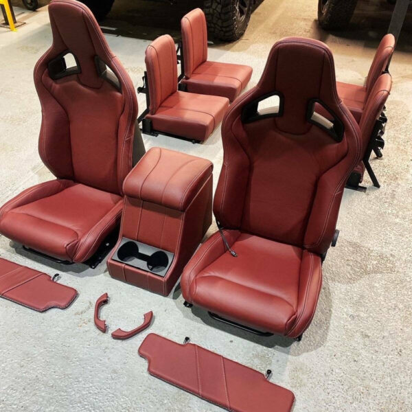 RECAROMUIRINTER - Burgundy Red 6 Seat Leather Interior - Heated Recaro Front Seats - 500W Sub Cubby Box - Land Rover Defender 90 - Image 2