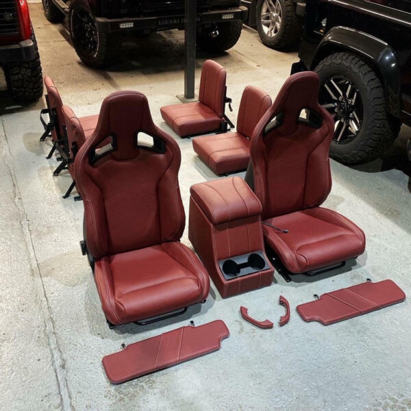 RECAROMUIRINTER - Burgundy Red 6 Seat Leather Interior - Heated Recaro Front Seats - 500W Sub Cubby Box - Land Rover Defender 90